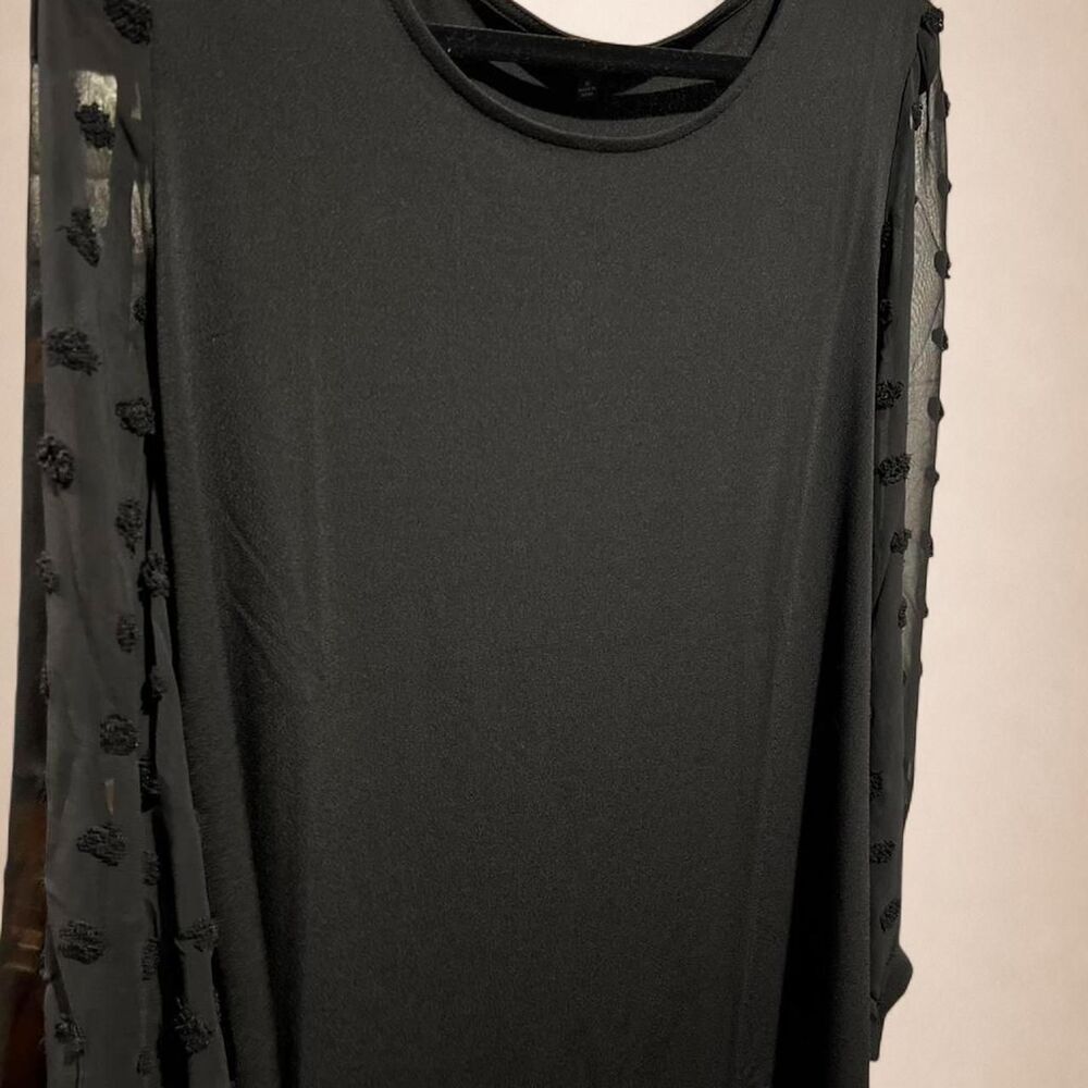 Adrianna Papell 1X Black Swiss Dot Mesh Sleeve Blouse Stretch Top